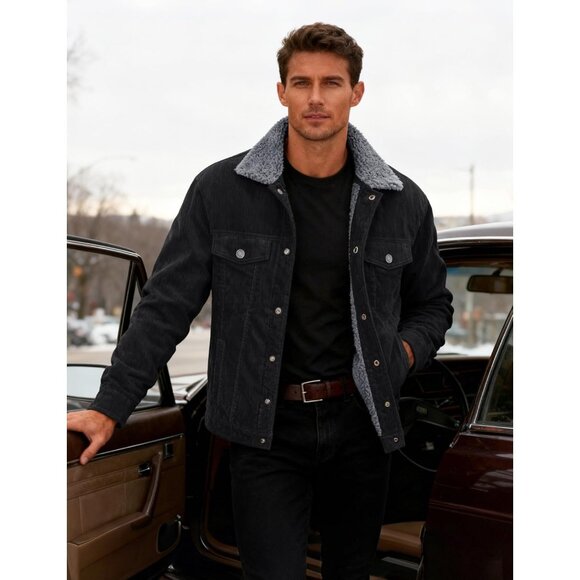 Mens Black Corduroy Jacket Sherpa Lined Warm Winter Trucker Cargo Coat - Picture 3 of 7